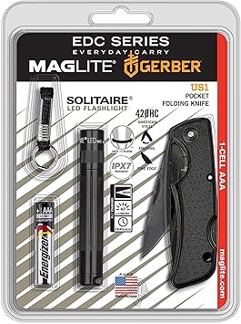 MagLite进口代理批发 Maglite，Solitaire LED 与 Gerber Knife 组合，黑色