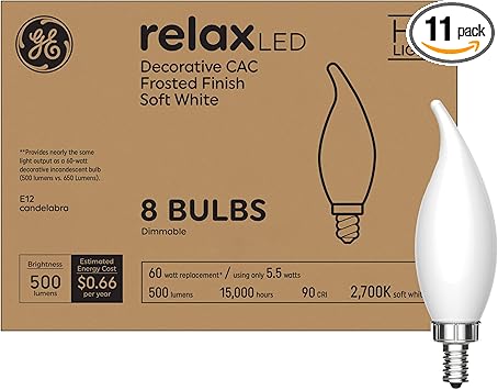 酷牌库|商品详情-GE进口代理批发 GE Relax LED 灯泡 60W，柔和白色蜡烛灯，装饰灯泡，磨砂，小底座（8 件装）