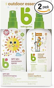 Babyganics进口代理批发 Babyganics 50 SPF 婴儿防晒喷雾和杀虫喷雾|不含辛酸和氧苯酮 |不含避蚊胺，每包 6 盎司，组合 2 包