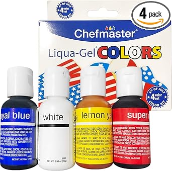 Chefmaster进口代理批发 Chefmaster 4 瓶爱国 Liqua-Gel 食用色素套装，色彩鲜艳，专业级糖衣、糖霜、软糖和面糊染料，防褪色，易于使用，美国制造，每支 0.70 盎司