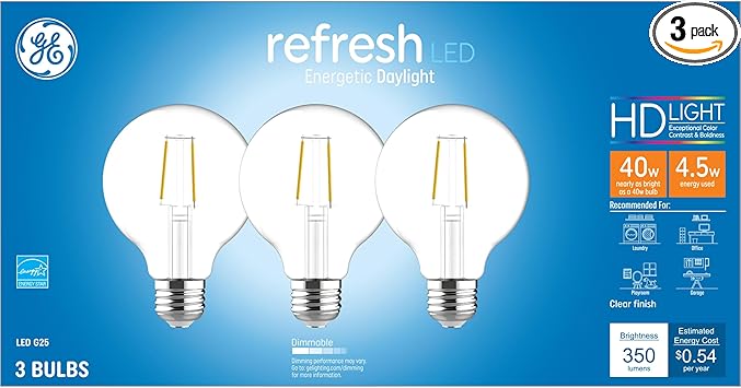 GE进口代理批发 GE Refresh LED 灯泡，40 瓦，日光，G25 球形灯泡，透明，中号底座（3 件装）