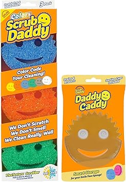 Scrub Daddy进口代理批发 Scrub Daddy Colors 3 件 + Daddy Caddy - 防刮多用途洗碗海绵 + 海绵架 - 不含 BPA，采用聚合物泡沫制成 - 防污防臭厨房海绵