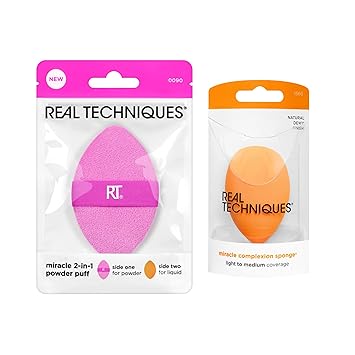 酷牌库|商品详情-Real Techniques进口代理批发 Real Techniques 奇迹肤色海绵 + 奇迹二合一粉扑，化妆混合海绵和双面粉扑，适用于液体、面霜和粉饼，纯素和不含乳胶，2 件