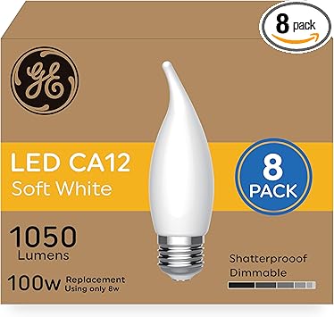 GE进口代理批发 GE 超亮 LED 灯泡，100W，柔和的白色蜡烛灯，磨砂装饰 CA12 灯泡，中号底座（8 件装）