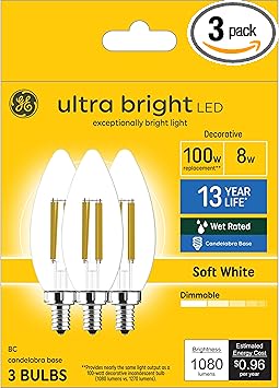 GE进口代理批发 GE 超亮 LED 灯泡，100W，柔和的白色蜡烛灯，透明装饰 B12 灯泡（3 件装）