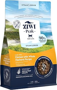 ZIWI进口代理批发 ZIWI Peak 蒸汽和干猫粮散养鸡肉配整条鲭鱼食谱 - 高蛋白、皮肤和毛发健康、低碳水化合物、适合所有生命阶段（1.8 磅）