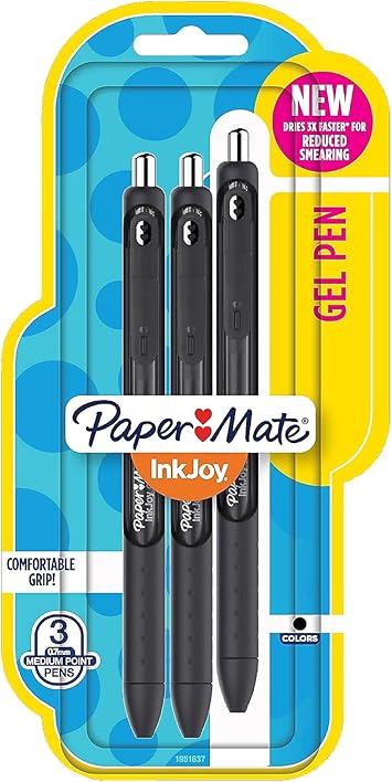 Paper Mate进口代理批发 Paper Mate INKJOY 中性笔，可伸缩，中号 0.7 毫米，黑色墨水，黑色笔管，3 支/支