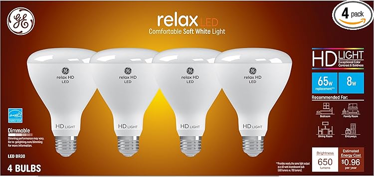 GE进口代理批发 GE Relax LED 灯泡，65 瓦，柔白，BR30 室内泛光灯（4 件装）