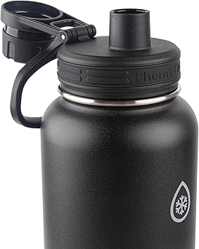 酷牌库|商品详情-Thermoflask进口代理批发 Thermoflask 40 盎司不锈钢保温水瓶，带吸管和喷嘴盖，2 件装，黑色/玫瑰紫色