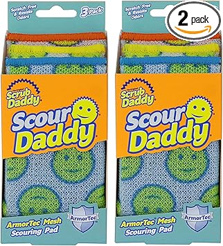 Scrub Daddy进口代理批发 Scrub Daddy 百洁垫 - Scour Daddy - 多表面百洁垫，吸水性强，耐用，FlexTexture 海绵，温水中柔软，冷水中坚挺，防刮擦，防臭，易于清洁 3 片（2 件装）