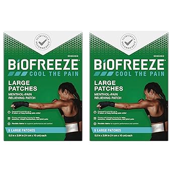 Biofreeze进口代理批发 Biofreeze 止痛贴片，关节炎止痛贴片，膝盖和下背疼痛缓解贴片，肌肉酸痛缓解，颈部疼痛缓解，2 片装（5 个 Biofreeze 薄荷醇贴片）