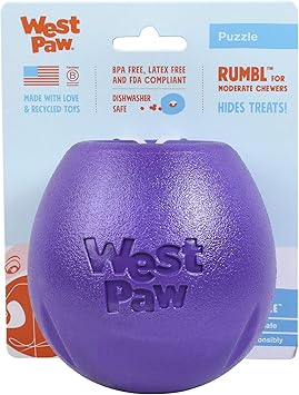 WEST PAW进口代理批发 West Paw Zogoflex Rumbl 零食分配狗玩具互动慢速喂食器咀嚼丰富玩具中度咀嚼、抓取、捕捉粗磨，（茄子，大号）