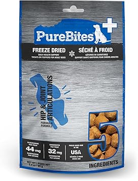 PureBites进口代理批发 PureBites+ 臀部和关节冻干狗零食，5 种成分，美国制造，3 盎司