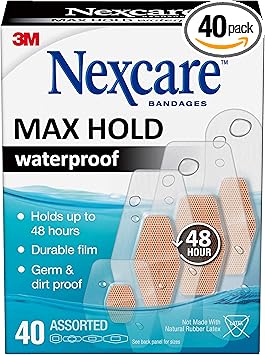 Nexcare进口代理批发 Nexcare Max Hold 防水绷带，可保持 48 小时，适用于手指、膝盖和脚跟的柔性绷带 - 40 片装透明防水绷带