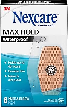 Nexcare进口代理批发 Nexcare Max Hold 防水绷带，可保持 48 小时，适用于手指、膝盖和脚跟的柔性绷带 - 6 件装透明防水绷带