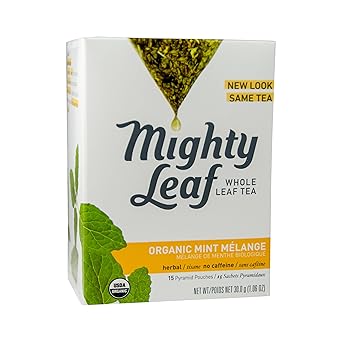 Mighty Leaf进口代理批发 Mighty Leaf 全叶茶，有机薄荷混合茶，15 袋独立金字塔式茶袋，不含咖啡因有机薄荷茶，美味热饮或冰饮，加糖或原味