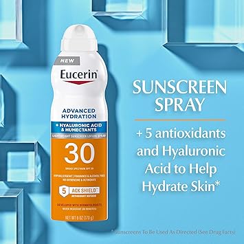 酷牌库|商品详情-Eucerin进口代理批发 Eucerin Advanced Hydration SPF 30 防晒喷雾，轻质防晒乳液喷雾，防过敏，不含香料和酒精，6 盎司喷雾瓶