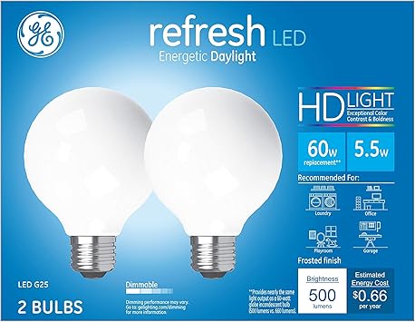 酷牌库|商品详情-GE进口代理批发 GE Refresh LED 灯泡，60 瓦，日光，G25 球形灯泡，中号底座（2 件装）