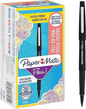 Paper Mate进口代理批发 Paper Mate Flair 毡尖笔 |中号（0.7 毫米）书写笔 |黑色钢笔|用于写作、绘画和素描 | 36 计数