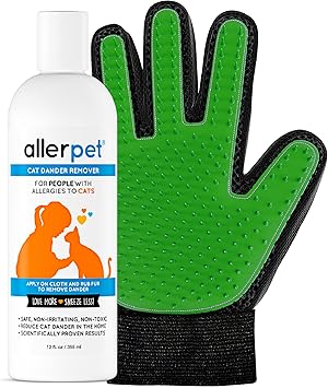 Allerpet进口代理批发 Allerpet 猫皮屑去除剂带免费美容手套 - 有效缓解猫过敏，抗过敏原解决方案美国制造 - (12 盎司)