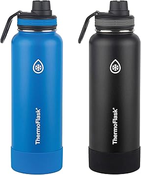 Thermoflask进口代理批发 Thermoflask 不锈钢 40 盎司水瓶，带喷嘴盖和缓冲垫（蓝色/黑色），2 件