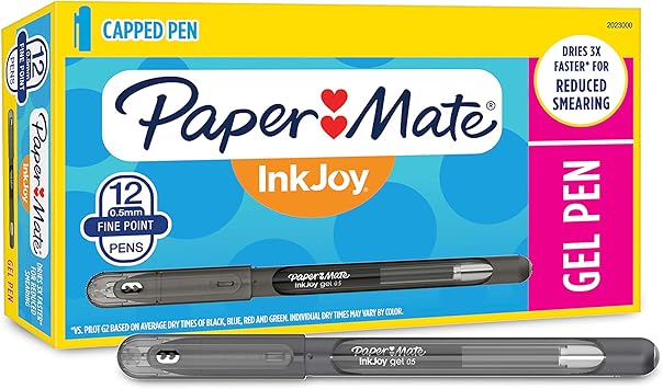 Paper Mate进口代理批发 Paper Mate InkJoy 中性笔，细尖（0.5 毫米）带笔帽，12 支，黑色 (2023000)