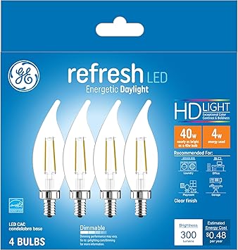 酷牌库|商品详情-GE进口代理批发 GE Refresh LED 灯泡，40W，日光蜡烛灯，透明装饰灯泡，小底座（4 件装）