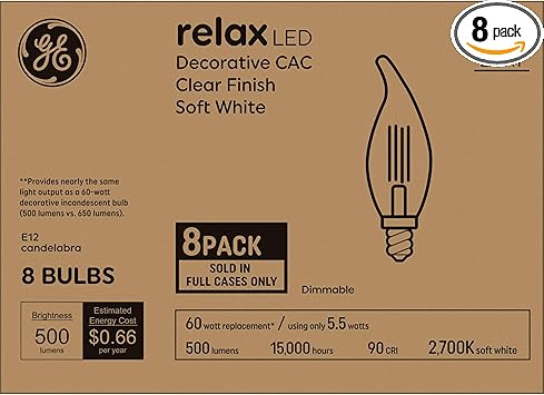 GE进口代理批发 GE Relax LED 灯泡 60W，柔和的白色蜡烛灯，透明装饰灯泡，小底座（8 件装）