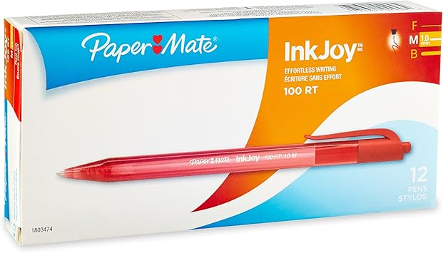 Paper Mate进口代理批发 Paper Mate InkJoy 100RT 圆珠笔，可伸缩，红色，一打盒