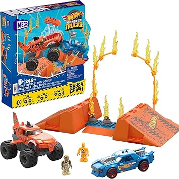 Mega进口代理批发 MEGA Hot Wheels 怪物卡车玩具拼搭套装，Smash & Crash 虎鲨咀嚼课程，含 245 块，2 个微型驾驶员，橙色，年龄 5 岁以上