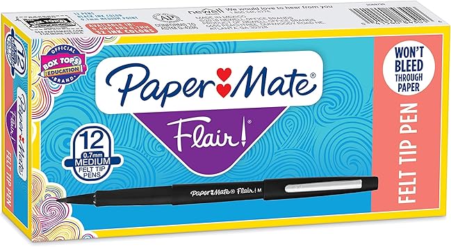 Paper Mate进口代理批发 Flair 毡尖笔，中号（0.7 毫米），黑色，12 支