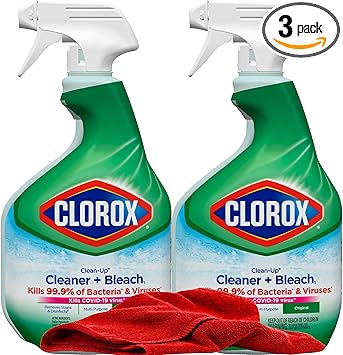 Clorox进口代理批发 Clorox 清洁清洁剂漂白喷雾，2 件装，通用漂白剂喷雾触发器，消毒厨房、浴室、瓷砖，原味，霉菌清洁剂，32 盎司。每加红色超细纤维清洁布