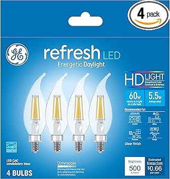 GE进口代理批发 GE Refresh LED 灯泡，60W，日光灯泡，透明装饰灯泡，小底座（4 件装）