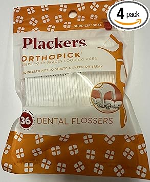 Plackers进口代理批发 Plackers Orthopick 牙套牙线器，4 件装（每件 36 根牙线器）