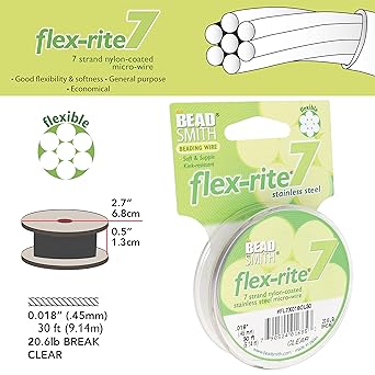 酷牌库|商品详情-The Beadsmith进口代理批发 Beadsmith Flex-Rite 7 股尼龙涂层、不锈钢串珠线、珠宝制作用品（0.018 直径，透明 - 30 英尺）