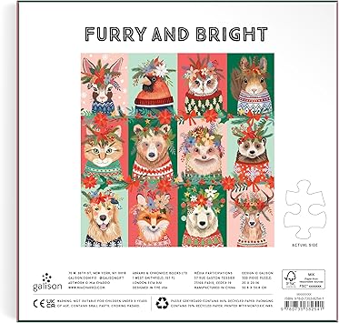 酷牌库|商品详情-Galison进口代理批发 Galison Furry and Bright 500 块拼图以毛茸茸朋友的可爱肖像为节日装饰