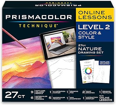 Prismacolor进口代理批发 Prismacolor 技术、美术用品和数字艺术课程、自然绘画套装、2 级、水彩铅笔、画笔等、日落风景画、27 件