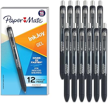 Paper Mate进口代理批发 Paper Mate InkJoy 中性笔，细尖，黑色墨水笔，0.5 毫米细尖，符合人体工程学的舒适握把，12 支装