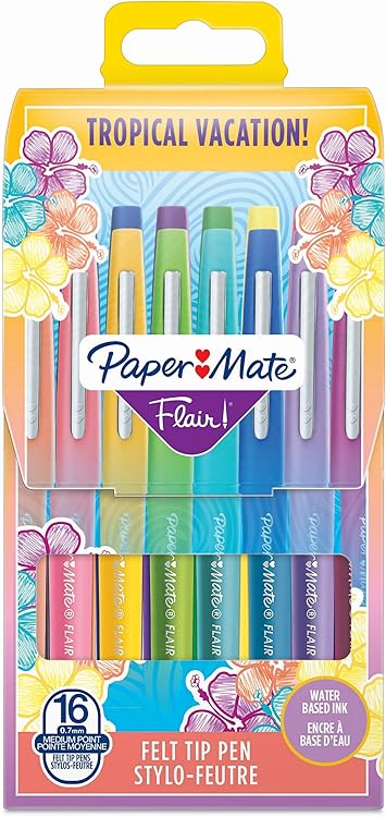 Paper Mate进口代理批发 Paper Mate Flair 毡尖笔 |中点 (0.7mm) |各种热带度假色彩| 16 片袋