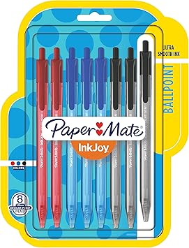 Paper Mate进口代理批发 Paper Mate InkJoy 100RT 可伸缩圆珠笔，中号，黑色/红色/蓝色墨水，8 支装 (1945934)