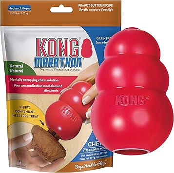 KONG进口代理批发 KONG 经典填充狗玩具和 KONG 马拉松花生酱味零食（2 件装）- 狗狗抓取和咀嚼玩具 - 带狗玩具填充物零食 - 带来数小时的乐趣和丰富 - 适合中型犬