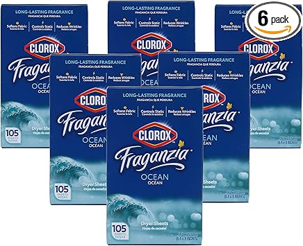 Clorox进口代理批发 Clorox Fraganzia 海洋香味干衣片，105 片 6 片减少皱纹织物柔软剂片最佳洗衣干衣片，具有持久海洋香味（6 片装，共 630 片）