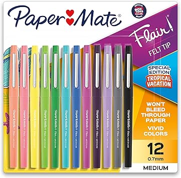 Paper Mate进口代理批发 Paper Mate Flair 毡尖笔，中号（0.7 毫米），热带和经典颜色，12 支