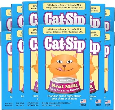 PetAg进口代理批发 Pet-Ag Cat-Sip Real Milk Treat - 8 盎司，12 包 - 适合猫和小猫的即食零食 - 含有 99% 不含乳糖、低脂 A 级牛奶，易于消化 - 促进水合作用 - 促进眼睛、心脏健康