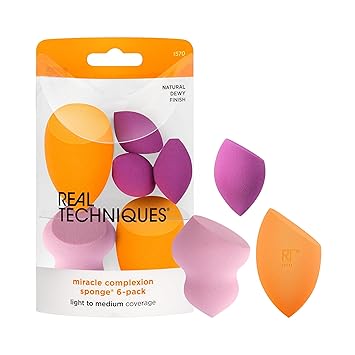 Real Techniques进口代理批发 Real Techniques Miracle Complexion 什锦美容海绵化妆搅拌机，用于混合和塑形，全覆盖，专业化妆工具，无动物实验，纯素，不含乳胶，6 件套海绵套装