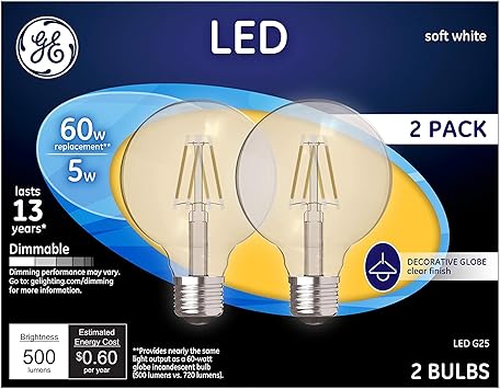 酷牌库|商品详情-GE进口代理批发 GE LED 灯泡，60 瓦，柔和白色，G25 球形灯泡，透明，中号底座（2 件装）