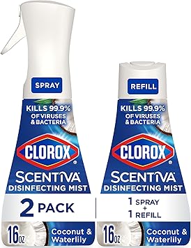 Clorox进口代理批发 Clorox Scentiva 消毒喷雾，椰子和睡莲，1 件喷雾和 1 件补充装，每件 16 盎司