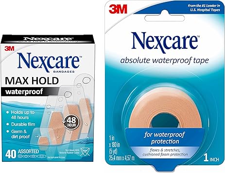 Nexcare进口代理批发 Nexcare 绝对防水急救胶带，1 英寸 x 5 码卷和 Nexcare 绷带最大保持超值装，什锦，40 片