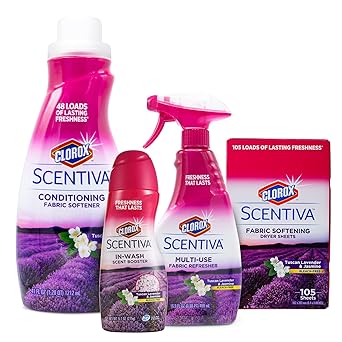 Clorox进口代理批发 Clorox Scentiva 托斯卡纳薰衣草和茉莉花香味洗衣套装 - 包括 Clorox Scentiva 干衣片、香味增强珠、织物柔软剂和织物清新喷雾