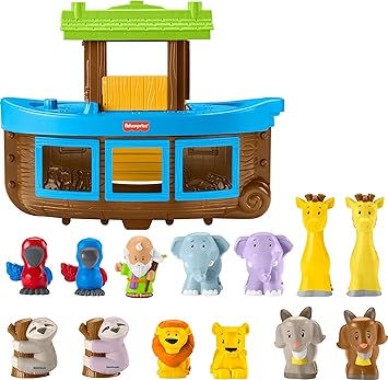 Fisher-Price进口代理批发 Fisher-Price Little People 幼儿玩具诺亚方舟玩具套装，含 12 只动物和诺亚人物，洗礼适合 1 岁以上儿童